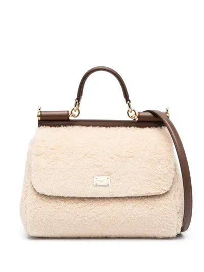 Dolce & Gabbana Sicily Shearling Large Tote Bag In Neutral