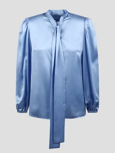 Dolce & Gabbana Silk Satin Shirt With Bow In Blue