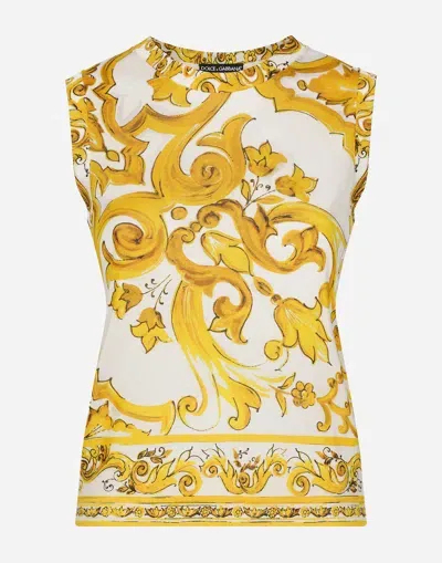 Dolce & Gabbana Sleeveless Silk Sweater With Majolica Print