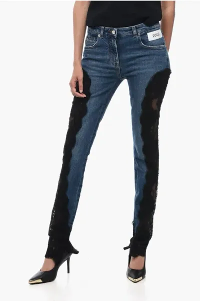 Dolce & Gabbana Slim Fit Dark Washed Denims With Lace Bottom 14cm In Blue