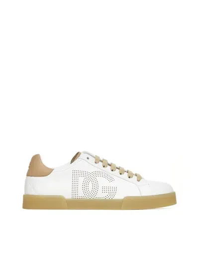 Dolce & Gabbana Round Toe Low-top Sneakers With Rubber Sole In Bianco/crema