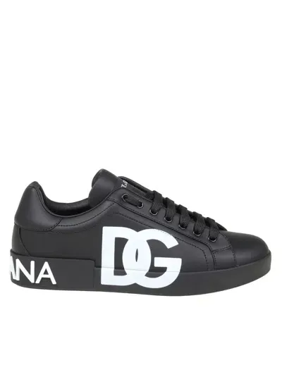 Dolce & Gabbana Portofino Sneakers In Black Leather In Black /white