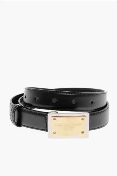 Dolce & Gabbana Solid Color Leather Belt With Logoed Buckle 25mm In Black