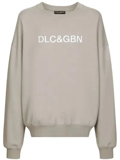 Dolce & Gabbana Round-neck Sweatshirt With Dolce&gabbana Logo Print In Neutrals