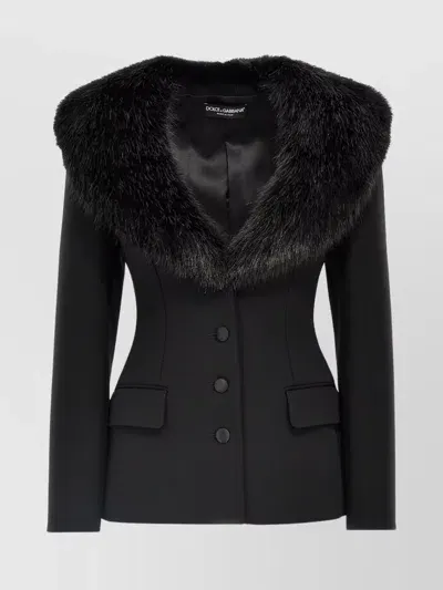 Dolce & Gabbana Tailored Blazer With Fur Collar And Pockets In Black