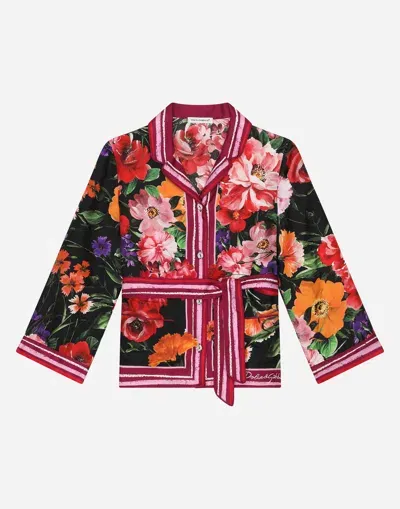 Dolce & Gabbana Twill Shirt With Floral Print Over A Black Background