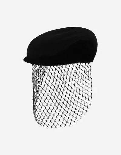 Dolce & Gabbana Velvet Flat Cap With Veil In Black