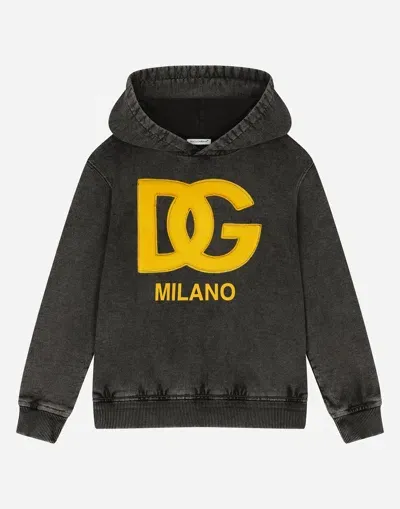 Dolce & Gabbana Kids' Washed-look Jersey Hoodie With Dg Logo In Black