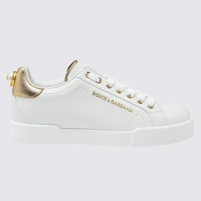 Dolce & Gabbana White And Gold-tone Leather Portofino Sneakers