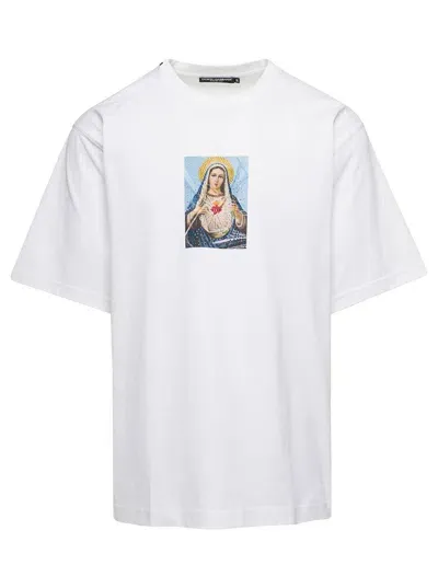 Dolce & Gabbana White Crewneck T-shirt With Print And Fusible Rhinestone In Cotton Man