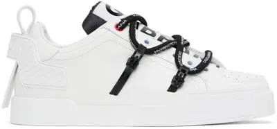 Dolce & Gabbana White Portofino Calfskin Patent Sneakers In Bianco/nero