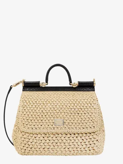 Dolce & Gabbana Rafia Handbag With Frontal Metal Logo Patch In Cream