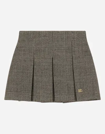 Dolce & Gabbana Wool-blend Glen Plaid Skirt With Dg Logo In Multicolor