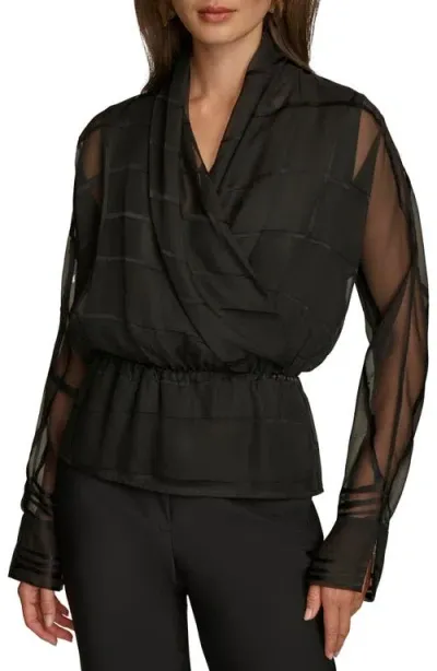 Donna Karan Burnout Chiffon Faux Wrap Top In Black