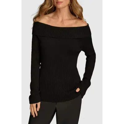 Donna Karan Foldover Off The Shoulder Rib Sweater In Black