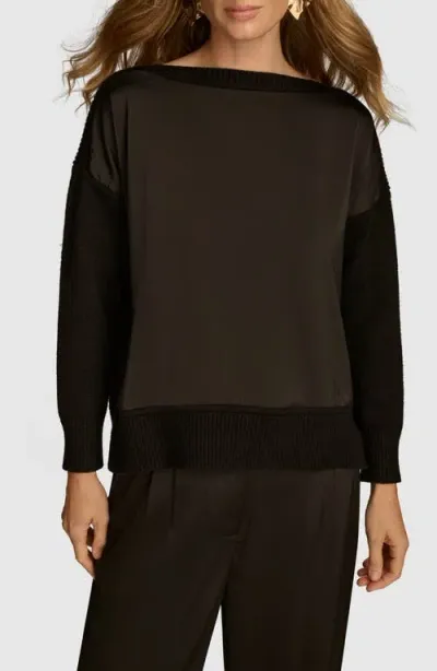 Donna Karan Mix Media Boat Neck Sweater In Black