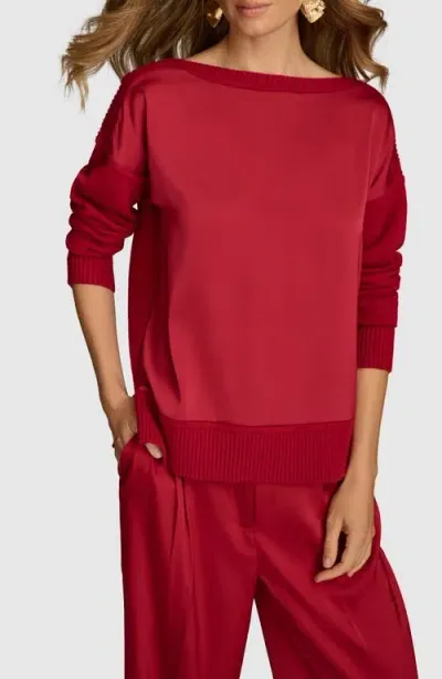 Donna Karan Mix Media Boat Neck Sweater In Metropolitan Red