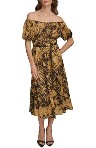 Donna Karan New York Abstract Print Off The Shoulder Dress In Black Fawn