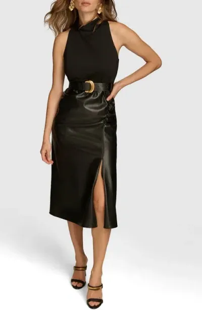 Donna Karan New York Belted Mixed Media Midi Dress In Black/black