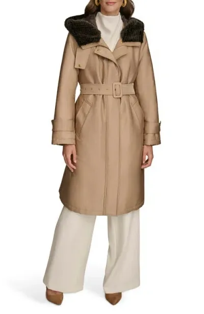 Donna Karan Women's Faux-fur-trim Hooded Raincoat In Khaki