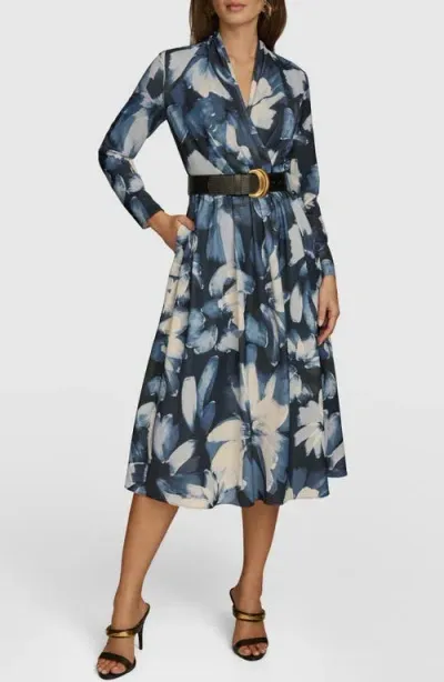 Donna Karan New York Floral Print Belted Long Sleeve Midi Dress In Nightfall Multi