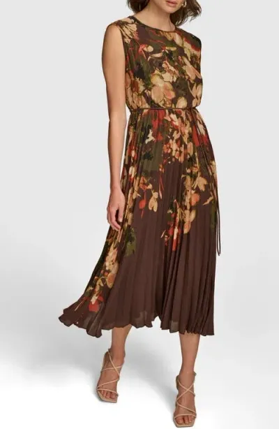 Donna Karan New York Floral Sleeveless Pleated Midi Dress In Bark Multi