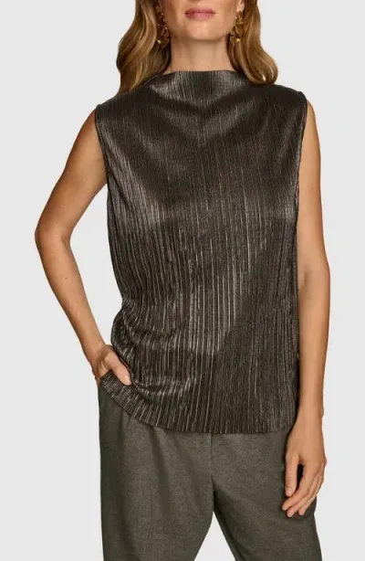 Donna Karan New York Metallic Sleeveless Mock Neck Top In Black/gunmetal