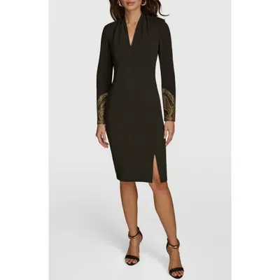 Donna Karan New York Rhinestone Embellished Long Sleeve Sheath Dress In Blk/gold