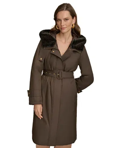 Donna Karan Women's Faux-fur-trim Hooded Raincoat In Brown