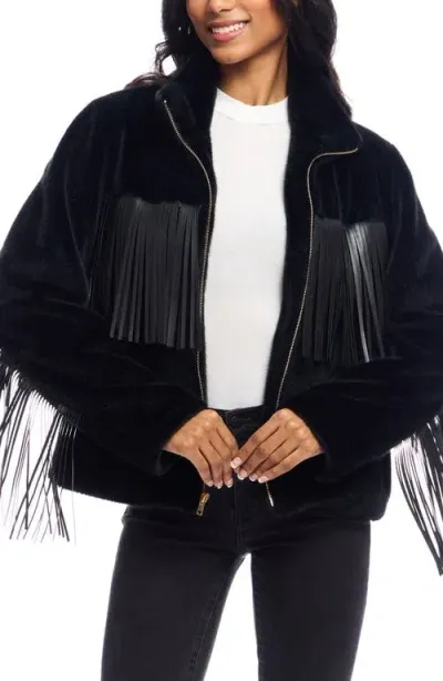 Donna Salyers Fabulous-furs Donna Salyers Fabulous Furs Farrah Faux Leather Fringe Faux Fur Jacket In Black