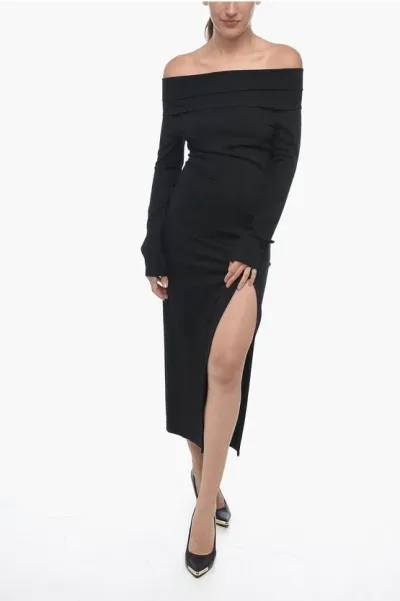 Dont At Me Label Jersey Off-shoulder Sheath Dress With Split In Black