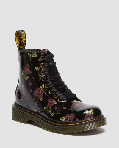 Dr. Martens' Junior 1460 Decayed Rose Leather Lace Up Boots In Black