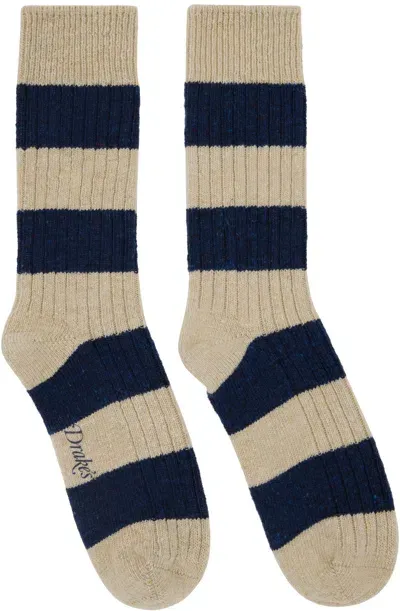 Drake's Beige & Blue Striped Donegal Wool Socks In 252 Navy