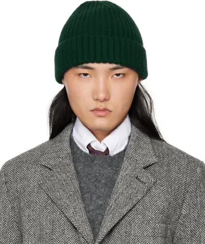 Drake's Green Cashmere Ribbed Knit Beanie