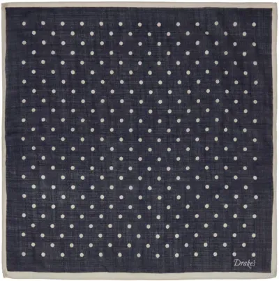 Drake's Navy Spot Print Wool-silk Pocket Square In Black