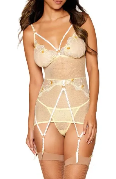 Dreamgirl Floral Mesh Basque With Garter Straps & G-string Set In Daffodil