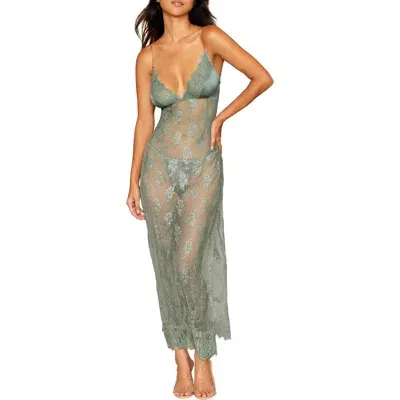 Dreamgirl Lace Longline Chemise & G-string Set In Sage