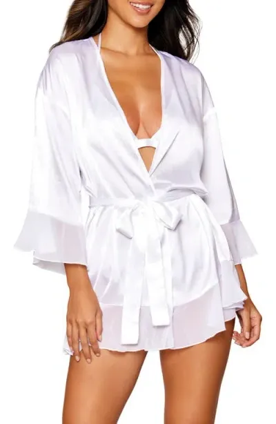 Dreamgirl Satin & Chiffon Bralette, Robe & Thong Set In White