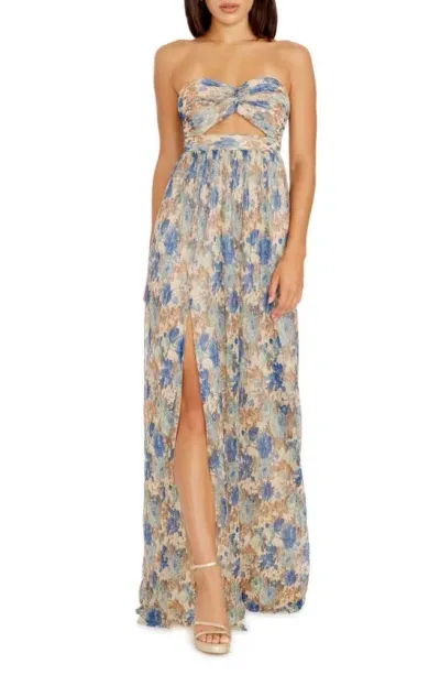 Dress The Population Angelique Floral Cutout Metallic Strapless Maxi Dress In Cobalt Multi