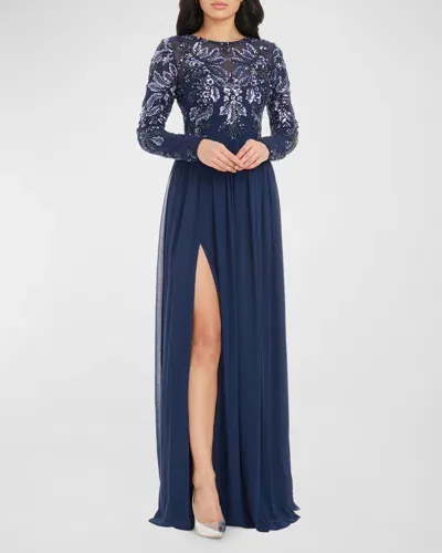 Dress The Population Black Label Martha Side-slit Floral Sequin Gown In Navy Multi