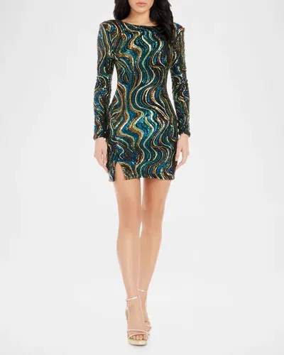 Dress The Population Black Label Nathalia Sequined Long-sleeve Mini Dress In Teal Multi