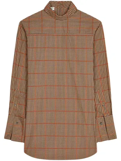 Dries Van Noten Check Pattern Mock Neck Shirt In Rust