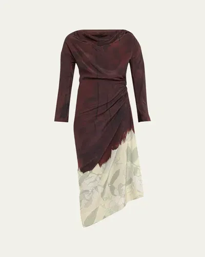 Dries Van Noten Didi Cowl-neck Ruched Silk Midi Dress In Brown