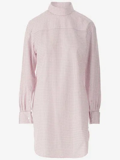 Dries Van Noten Long Cotton Shirt With Checkered Pattern In Pink