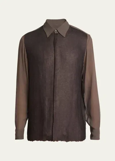 Dries Van Noten Men's Clasens Sequin-front Silk Crepe Shirt In Dark Brown