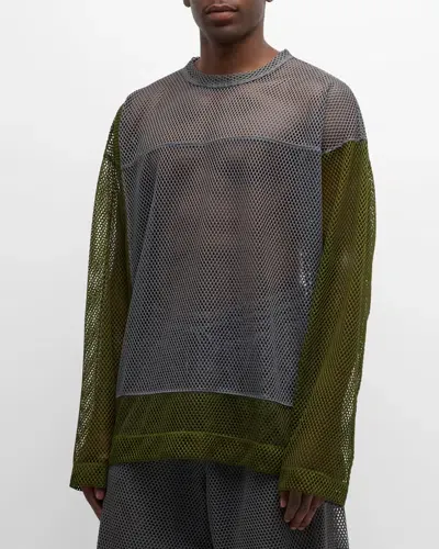 Dries Van Noten Men's Henland Bicolor Mesh T-shirt In Steel