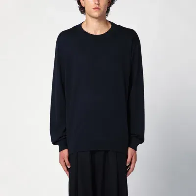 Dries Van Noten Navy Blue Crew-neck Sweater In Wool In Black