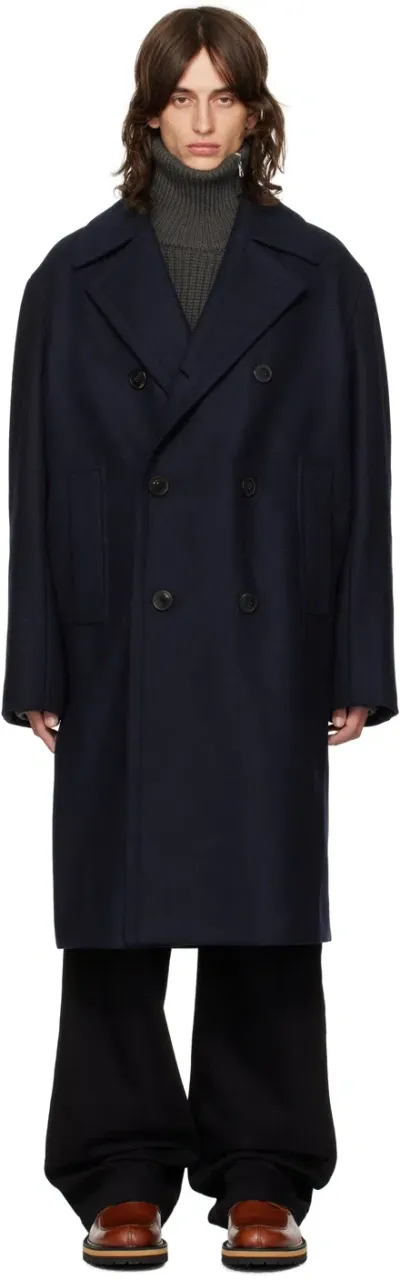 Dries Van Noten Navy Double-breasted Coat