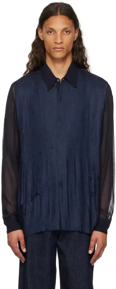 Dries Van Noten Navy Sequinned Shirt In Blue