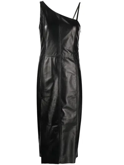 Drome Asymmetric Leather Midi Dress In Black